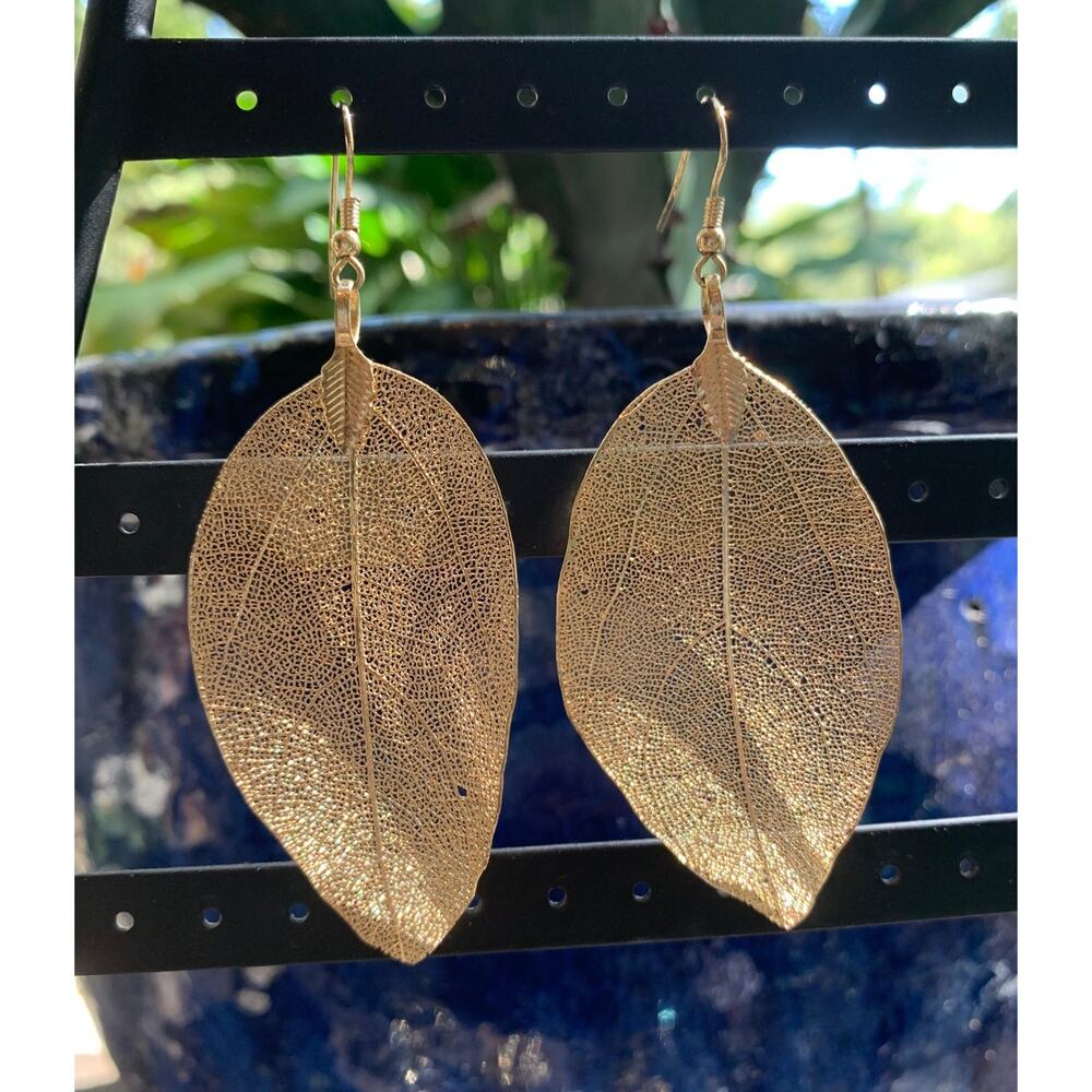 Gold Dipped Long Leaf Earrings - image 2